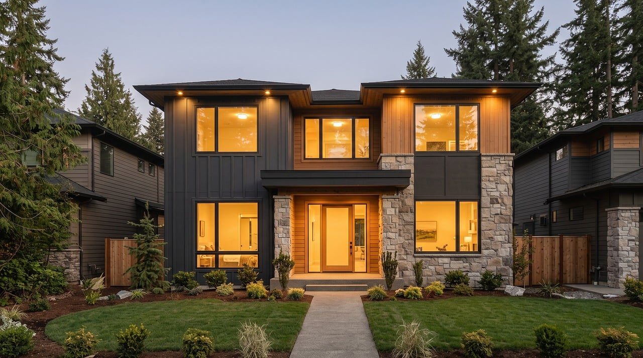 Modern villa exterior facade with architectural louvers